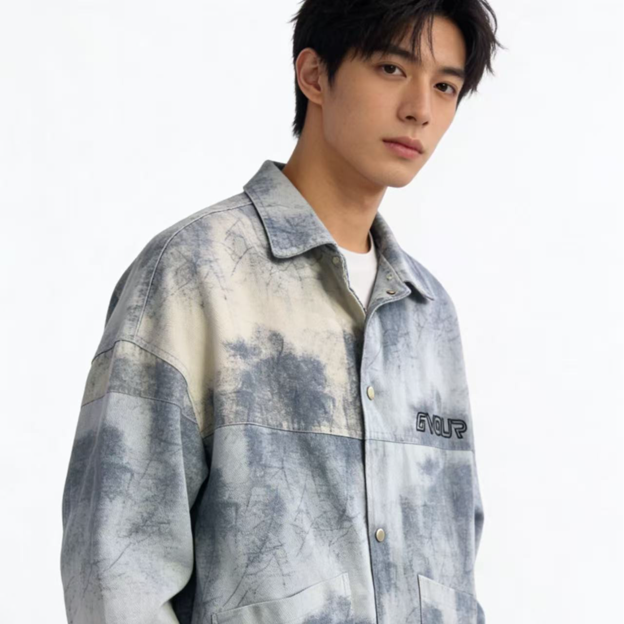 翻领秋季扎染数码印美式牛仔夹克日系上衣休闲复古J024