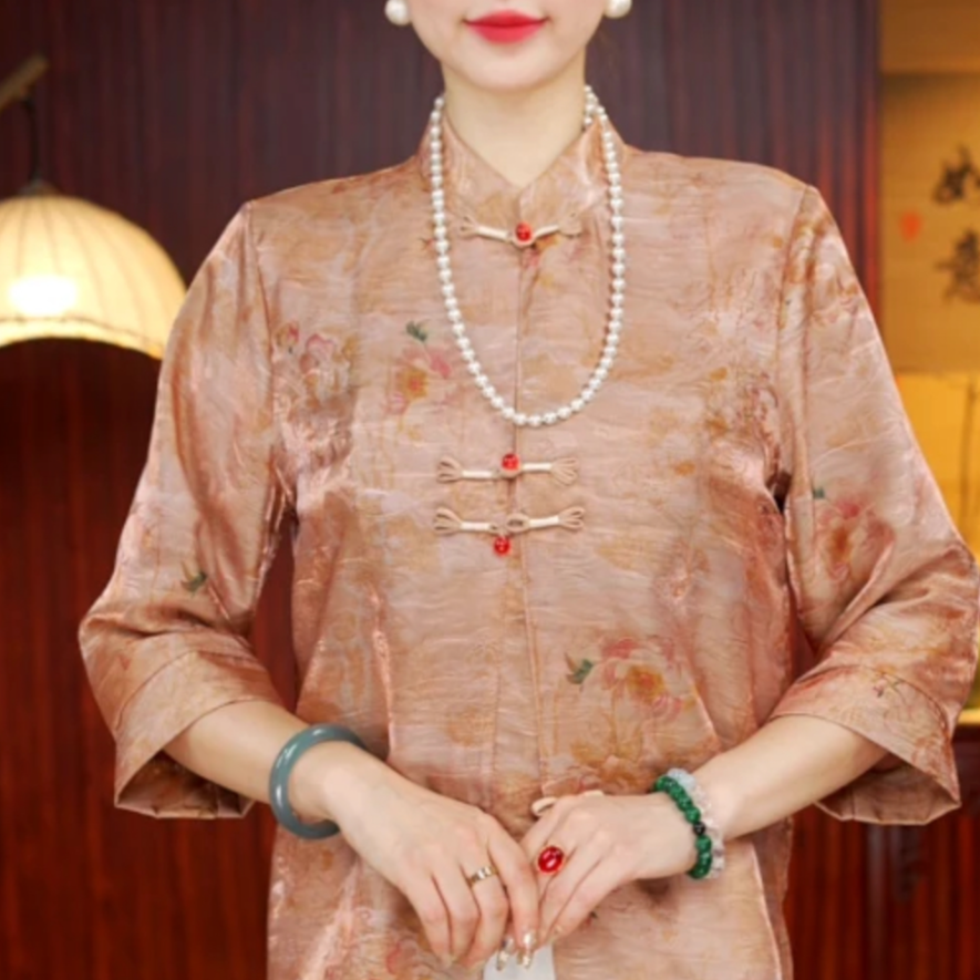 N270【锦悦】新中式国风显瘦气质外披上衣直襟薄款常规中袖女士上衣