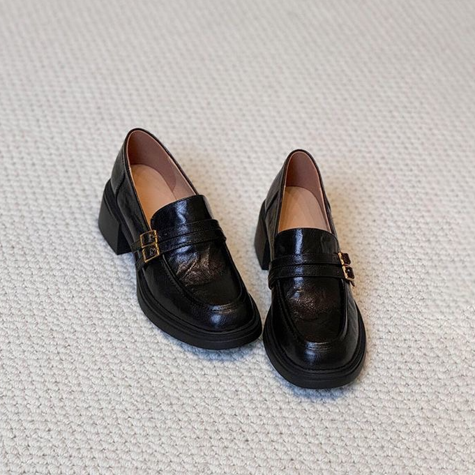 羊皮版~扣带粗跟英伦风乐福鞋女2025新款秋季厚底一脚蹬小皮鞋女