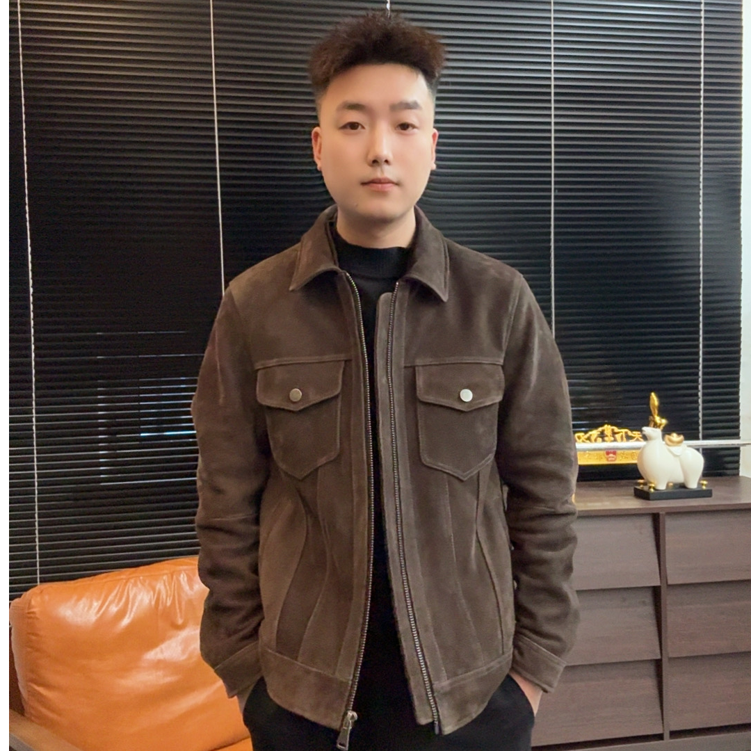 男士真皮牛皮春秋休闲潮流外套复古翻领23012