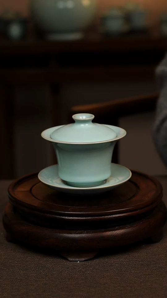 瓷片天青色全手工三才马蹄盖碗130ml微瑕不带礼盒