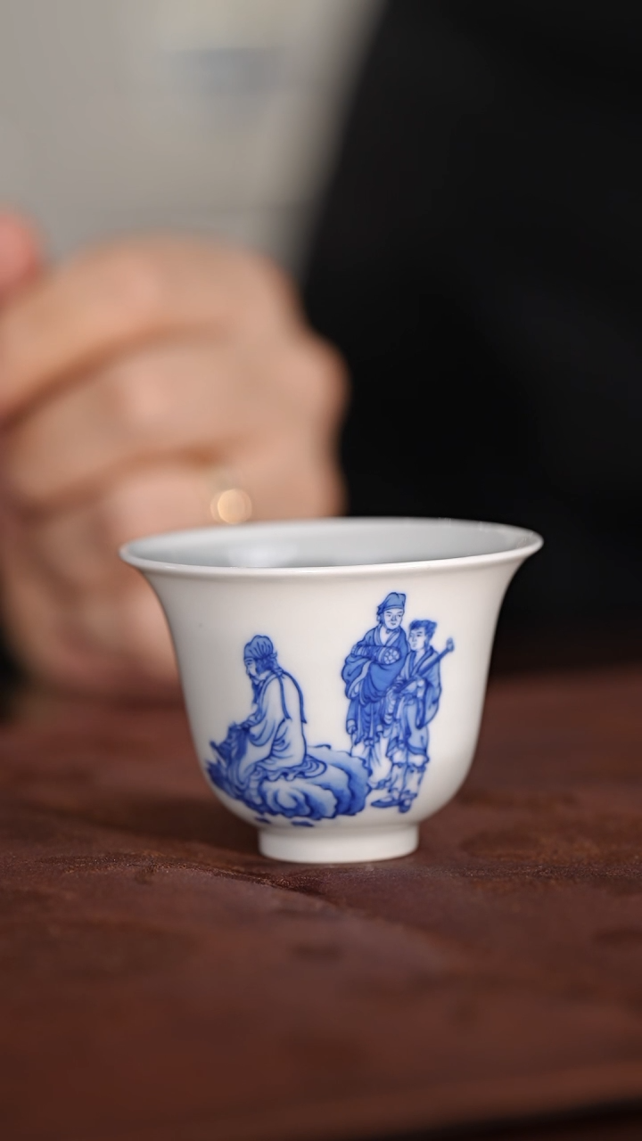 【闪购商品】古官青玉伯牙抚琴人物岩茶铃铛杯