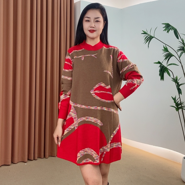423时尚网红百搭显瘦秋冬针织连衣裙提花不褪色高弹力新中式