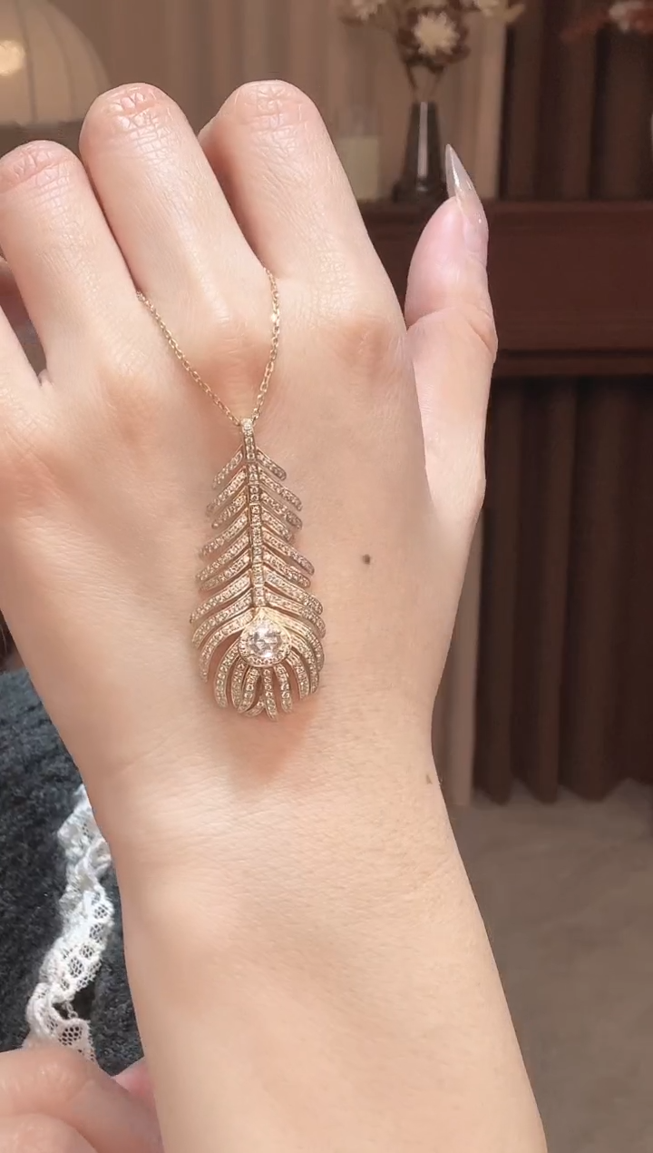 18K金镶嵌颈饰实验室培育钻石羽毛项链k黄