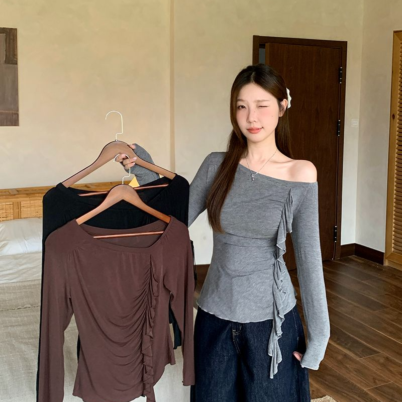 大码辣妹荷叶边长袖T恤女2025新款秋季微胖MM显瘦体恤一字肩上衣