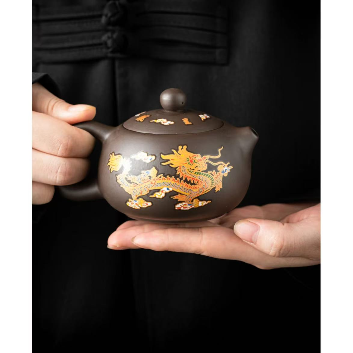 紫砂变色凤鸣壶龙凤呈祥黑色