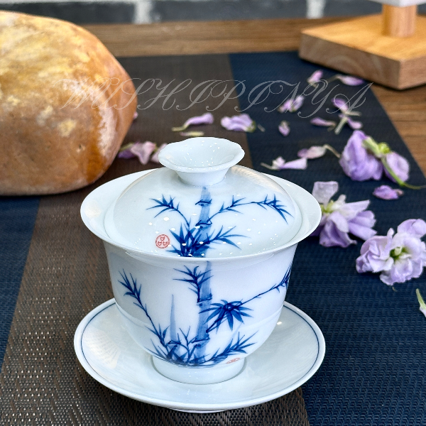 晚风窗竹意微瑕手绘釉下彩吴氏品雅泡茶碗三才盖碗茶杯陶瓷茶具
