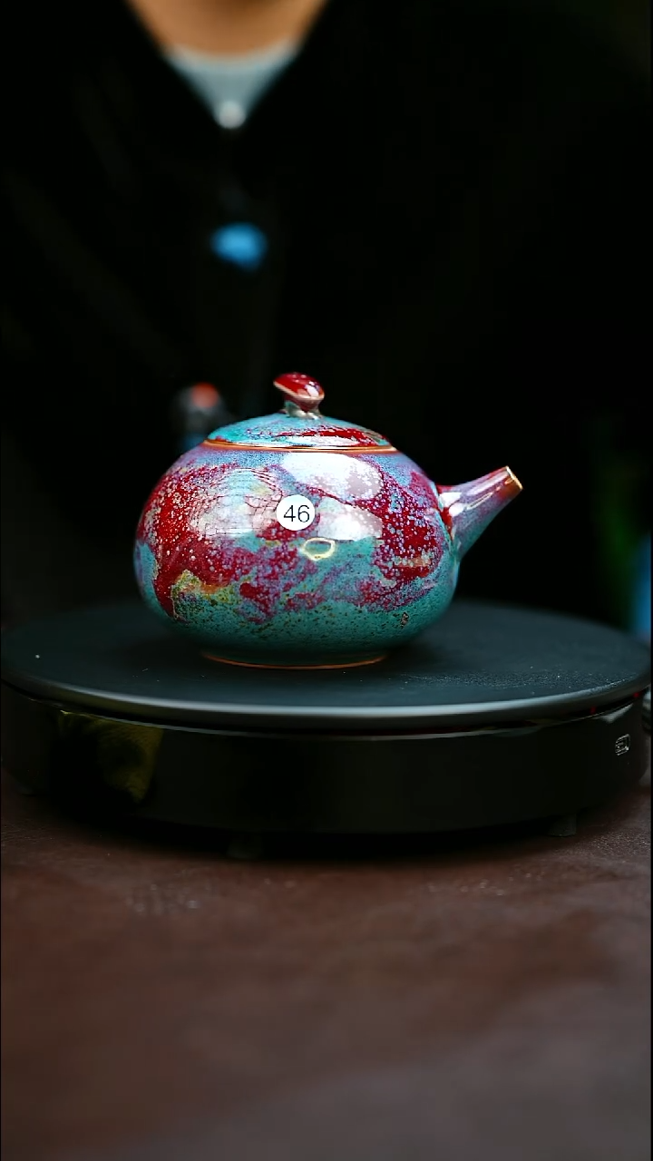 46#原矿钧瓷炉钧釉侧把壶