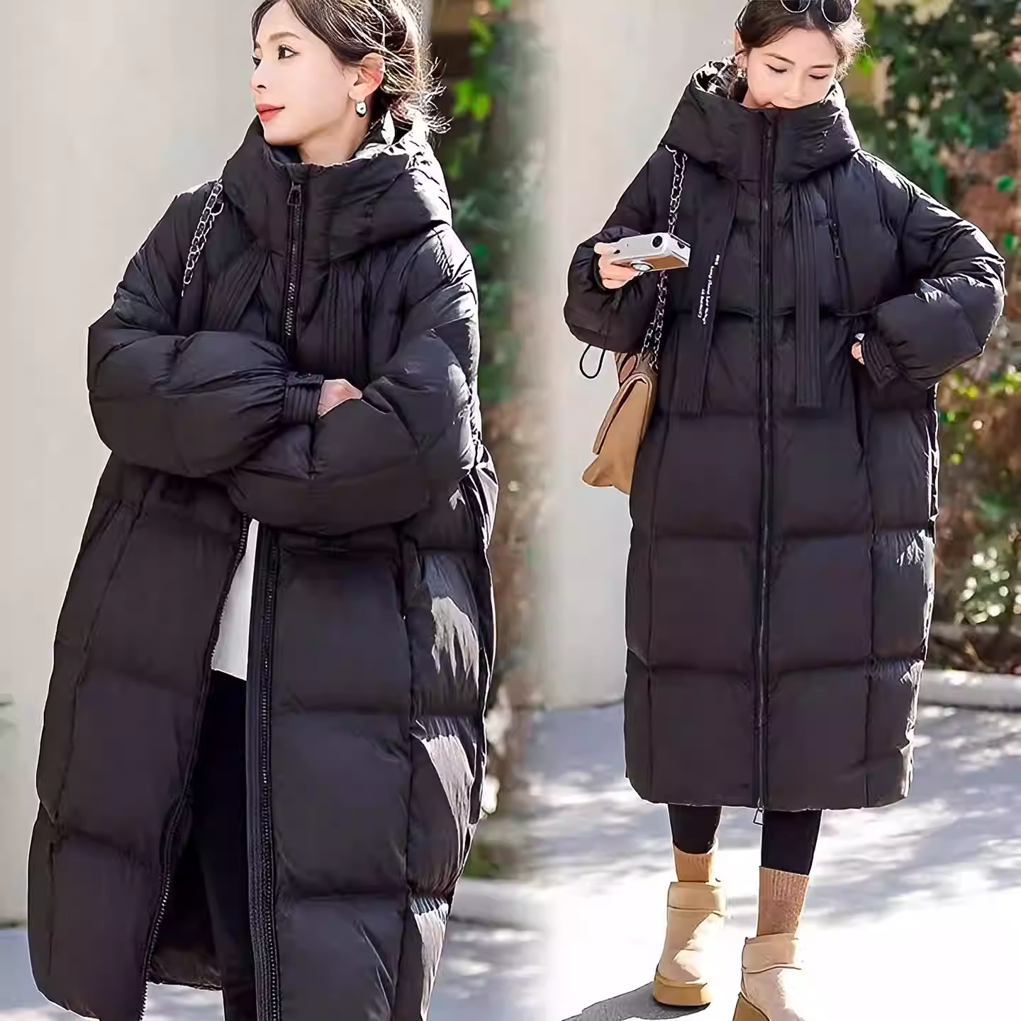 冬季新款飘带长款T1连帽白鸭绒百搭过膝保暖时尚女士羽绒服外套