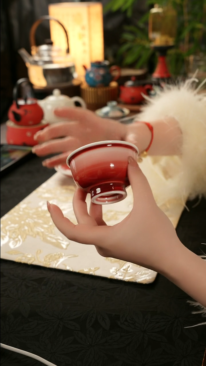 陶瓷茶具楚门窑变郎红压手杯