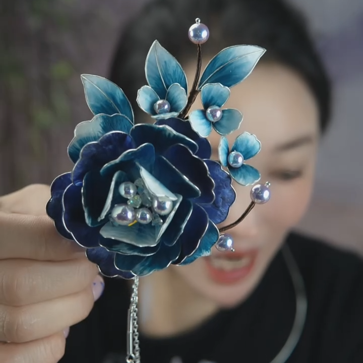 非遗绒花蓝色重工U簪日常百搭古风妆造