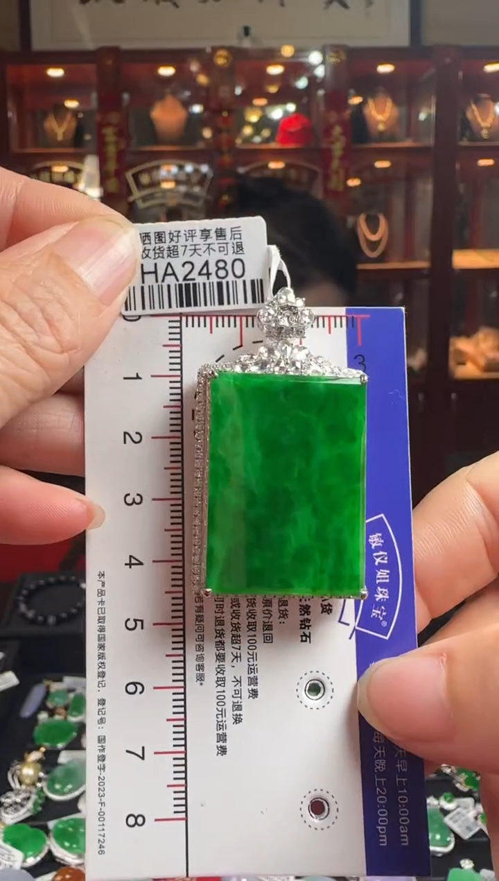 【闪购商品】翡翠颈饰18K金镶嵌HA2480冰辣绿无事牌