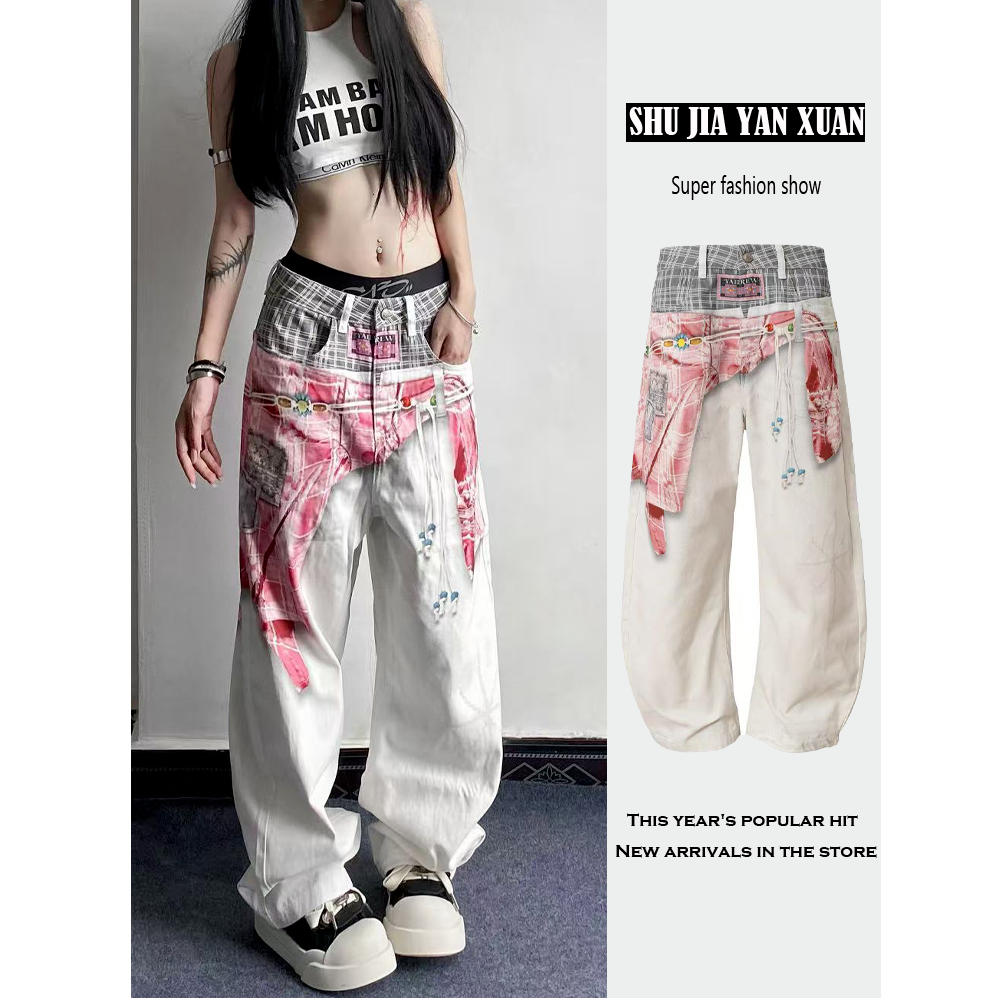美式复古衬衫3D印花牛仔裤女2025秋季新款街头辣妹宽松阔腿长裤子