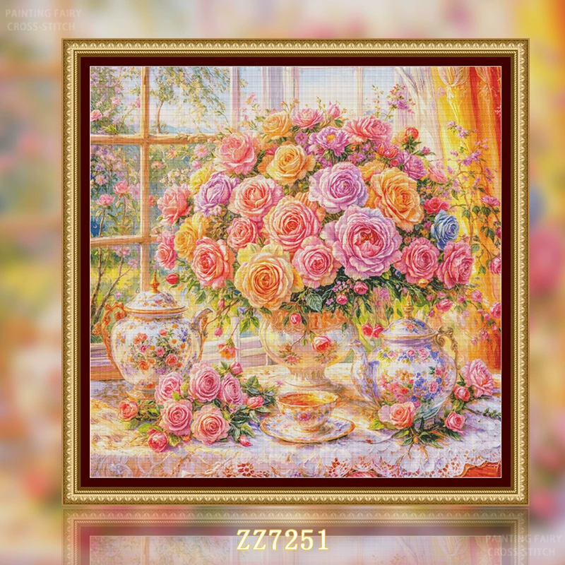 【ZZ7251-玫瑰茶香】十字绣2025新款客厅餐厅简单简约花卉系列画