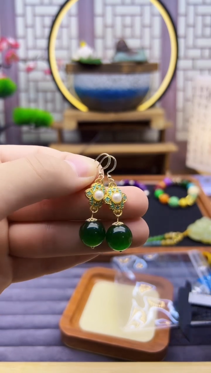 碧玺猫眼耳饰14K金镶嵌E56