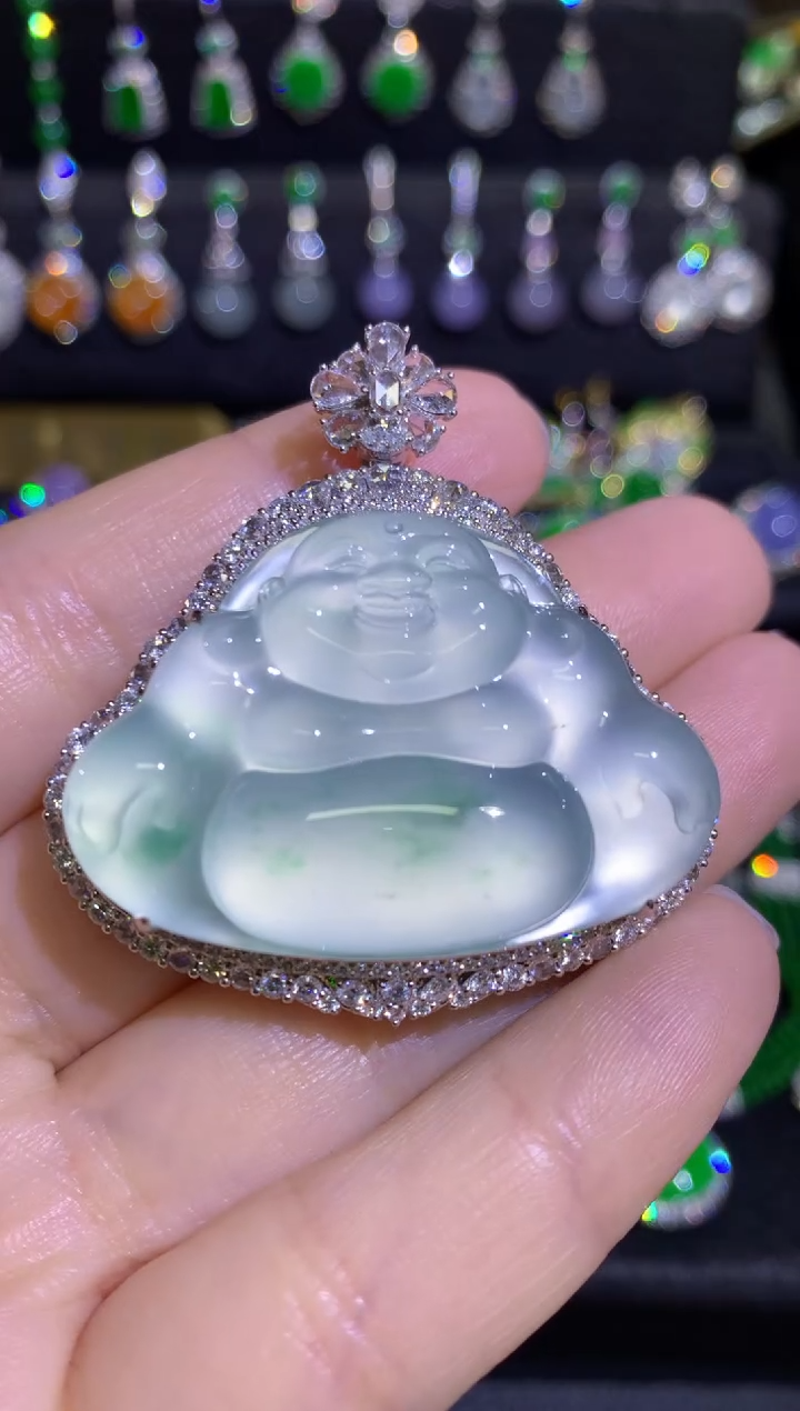 【闪购商品】翡翠颈饰18K金镶嵌玻璃种肚里藏金收藏弥勒佛