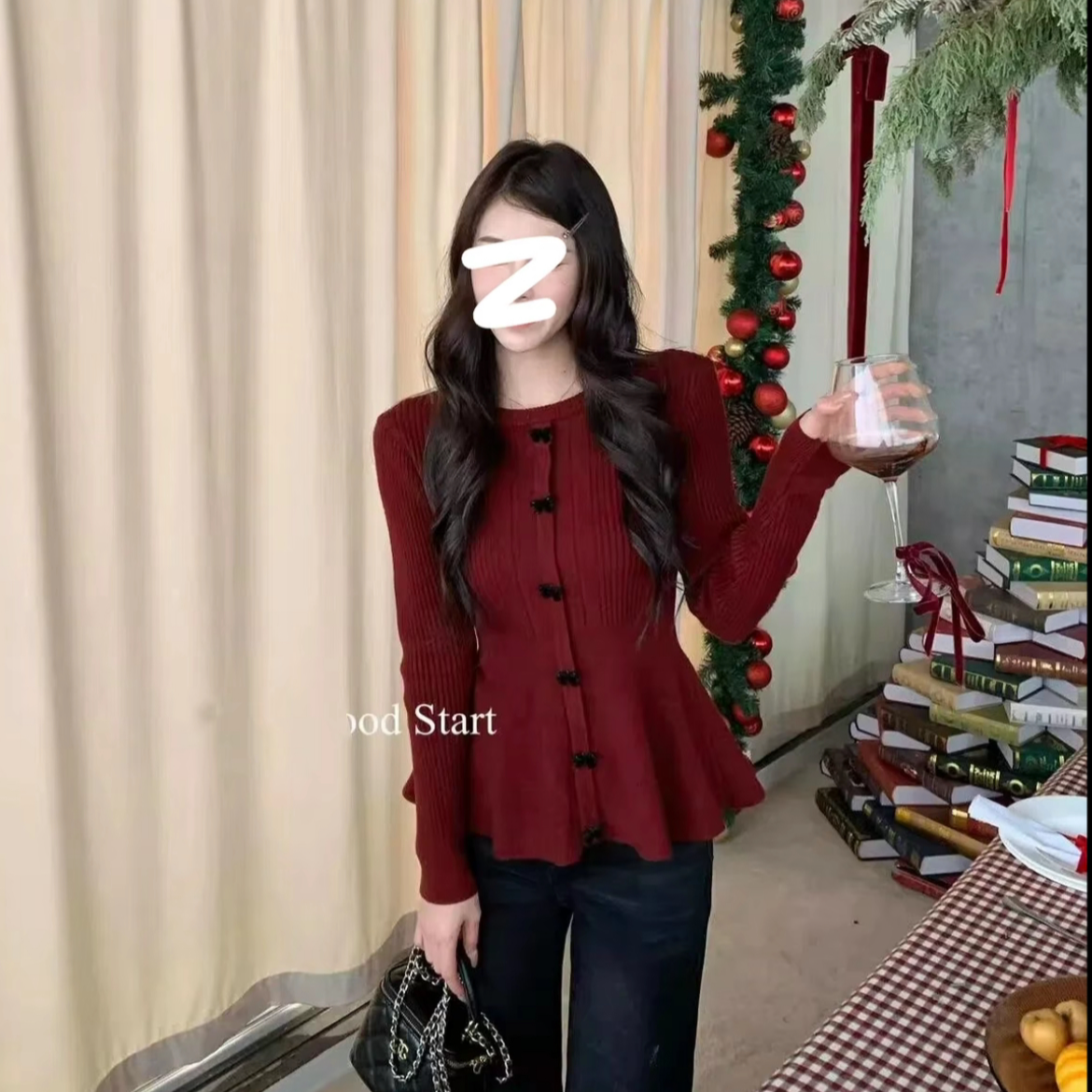 9270#针织长袖毛针织衫时尚亮闪针织衫红色设计感长袖