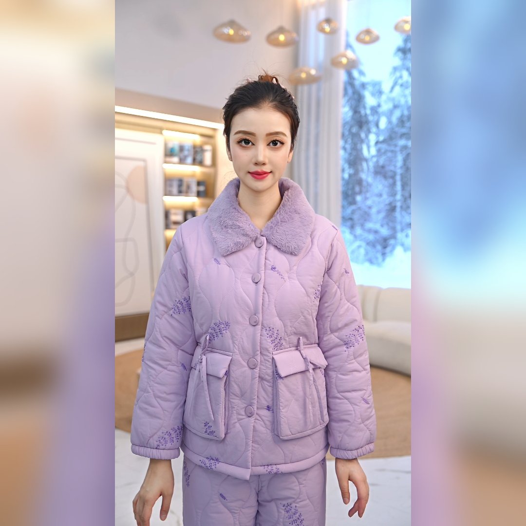 秋鹿暖羽绸刺绣夹棉扣领女套时尚家居服保暖冬季
