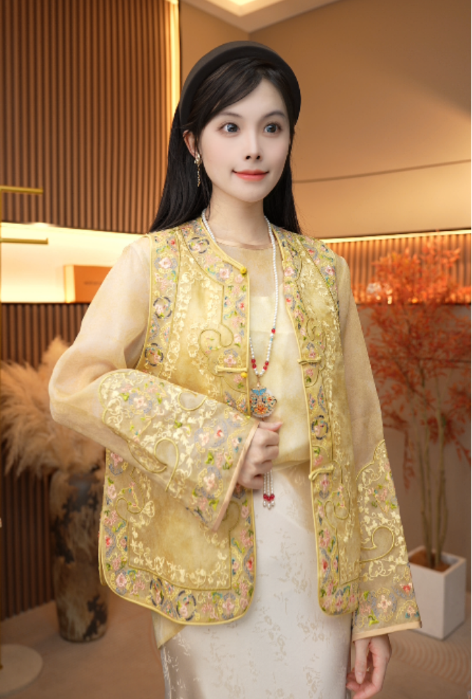 [金枝]H6110新款新中式重工刺绣百搭马甲 403常常