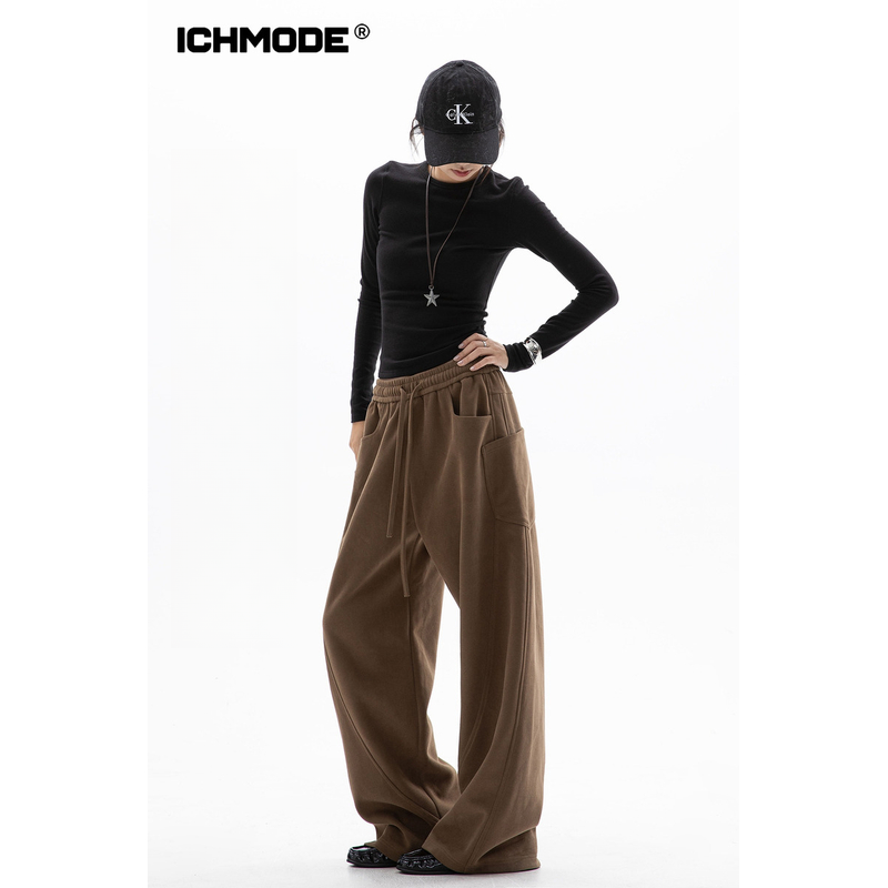 ICH MODE 美式复古拼接休闲裤女秋季直筒运动裤宽松百搭阔腿裤子