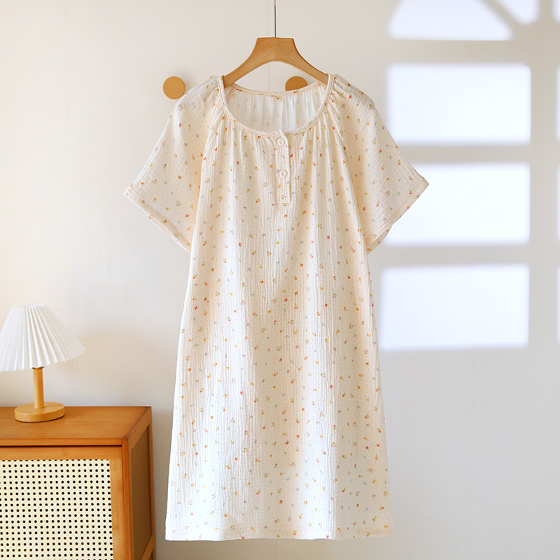 【京かわ会社】纯棉睡衣绉布圆领半袖裙L码小小碎花