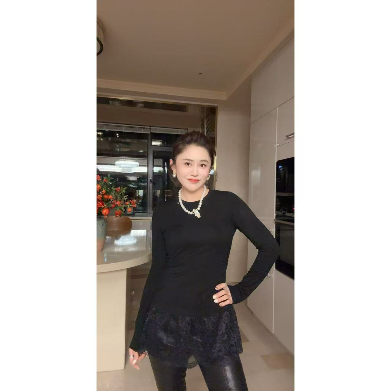 【神仙衫】拼接蕾丝包臀长袖上衣9225677（小码衣长约71cm）