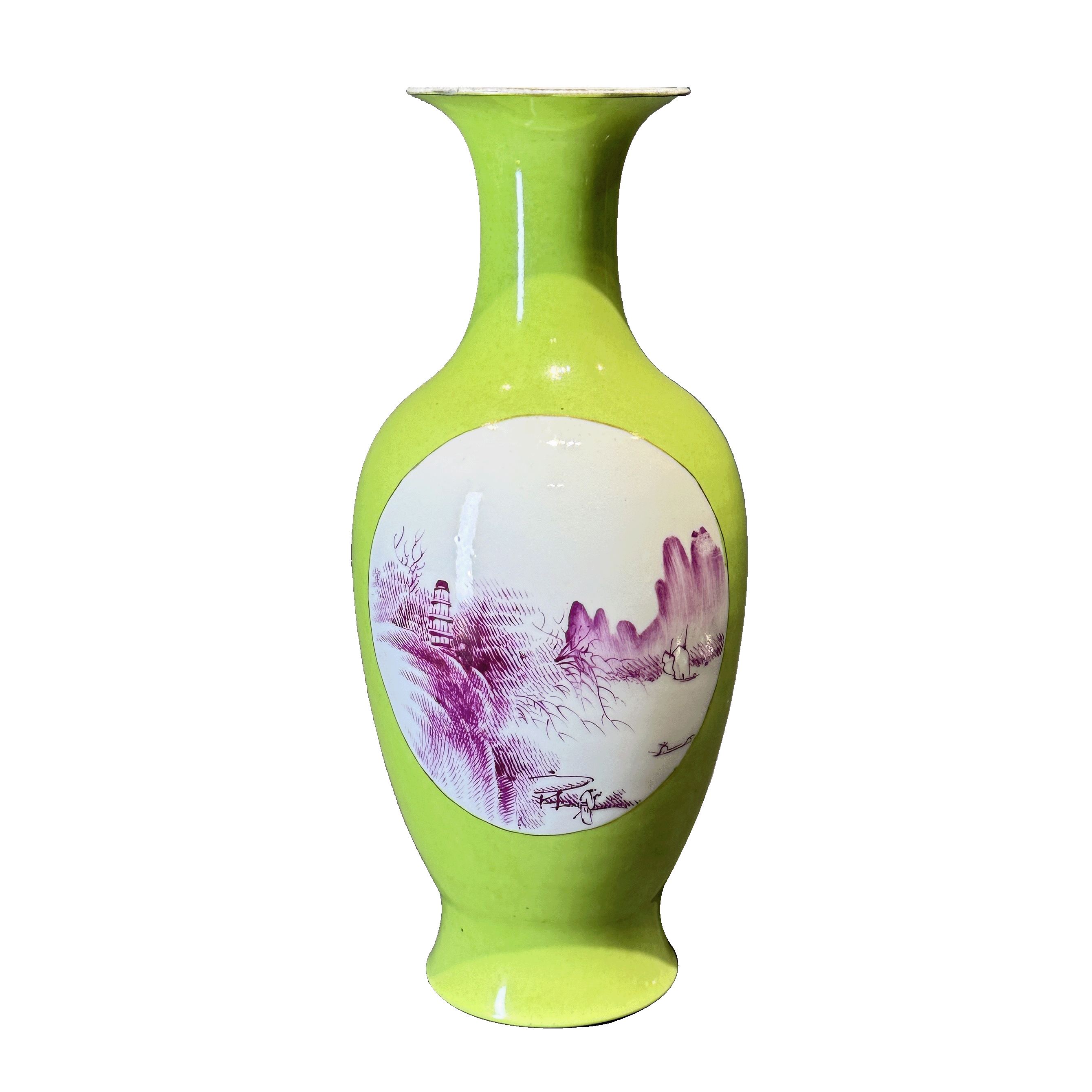 25200348t苹果绿釉开窗胭脂红山水纹观音瓶