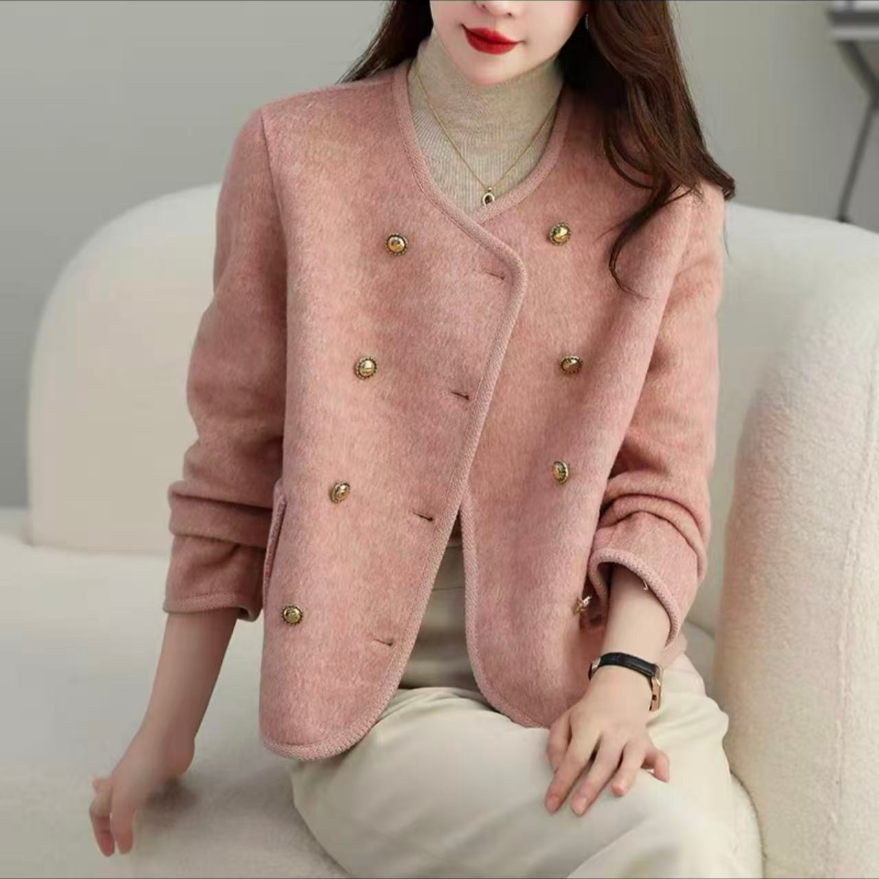 112~圆领小香风长袖女短款常规短外套大衣粗花呢洋气加厚加棉外套