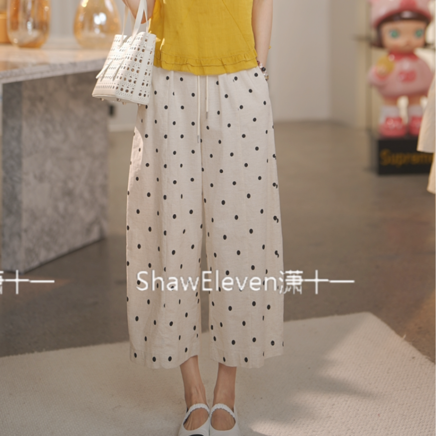 【ShawEleven】2025年夏装女法式百搭波点松紧腰亚麻八分裤88766