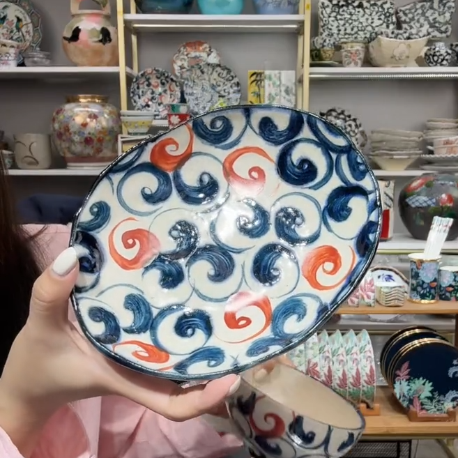【单支】日本进口宗山家椭圆甜品盘17.5cm×14.5cm-赤绘旋涡