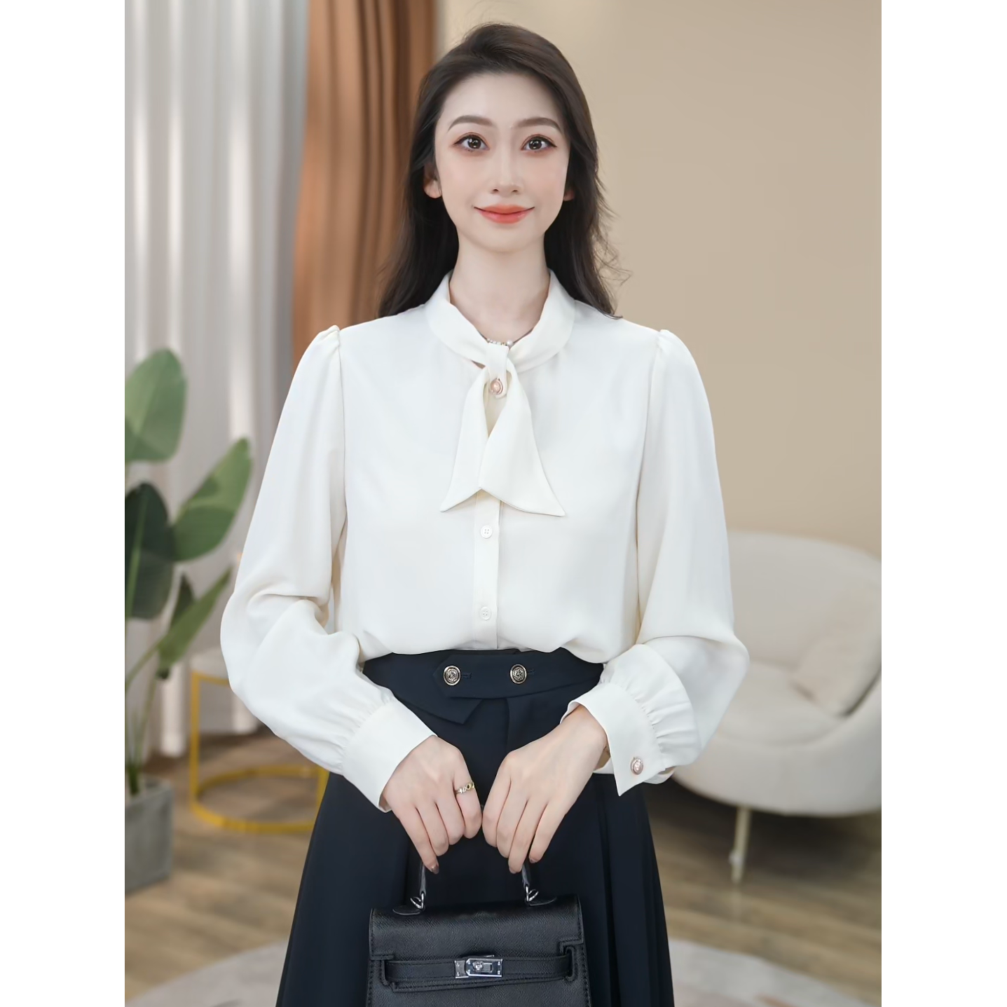 【早鸟价】杏色长袖衬衫女轻奢设计感通勤职业衬衣8593182【甜甜】