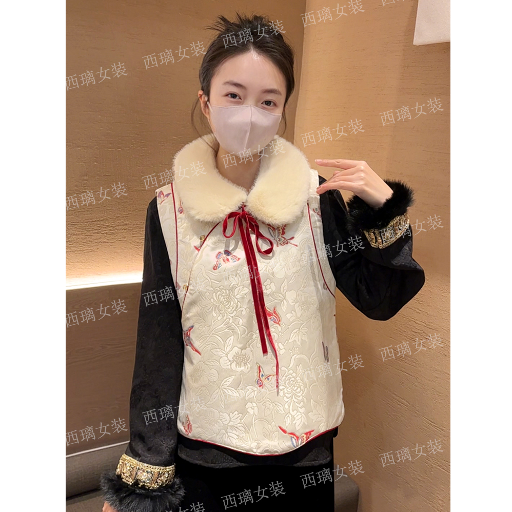 【蝶恋花】夹棉加厚提花马甲秋冬季新中式女士中国风休闲马夹盘扣