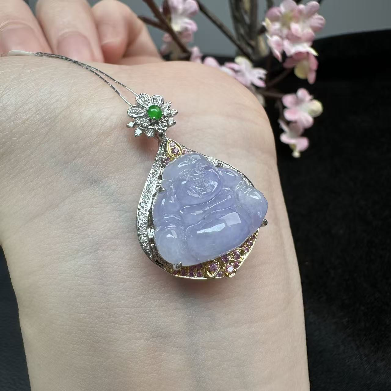 18K金镶嵌缅甸A货翡翠佛公吊坠D0798