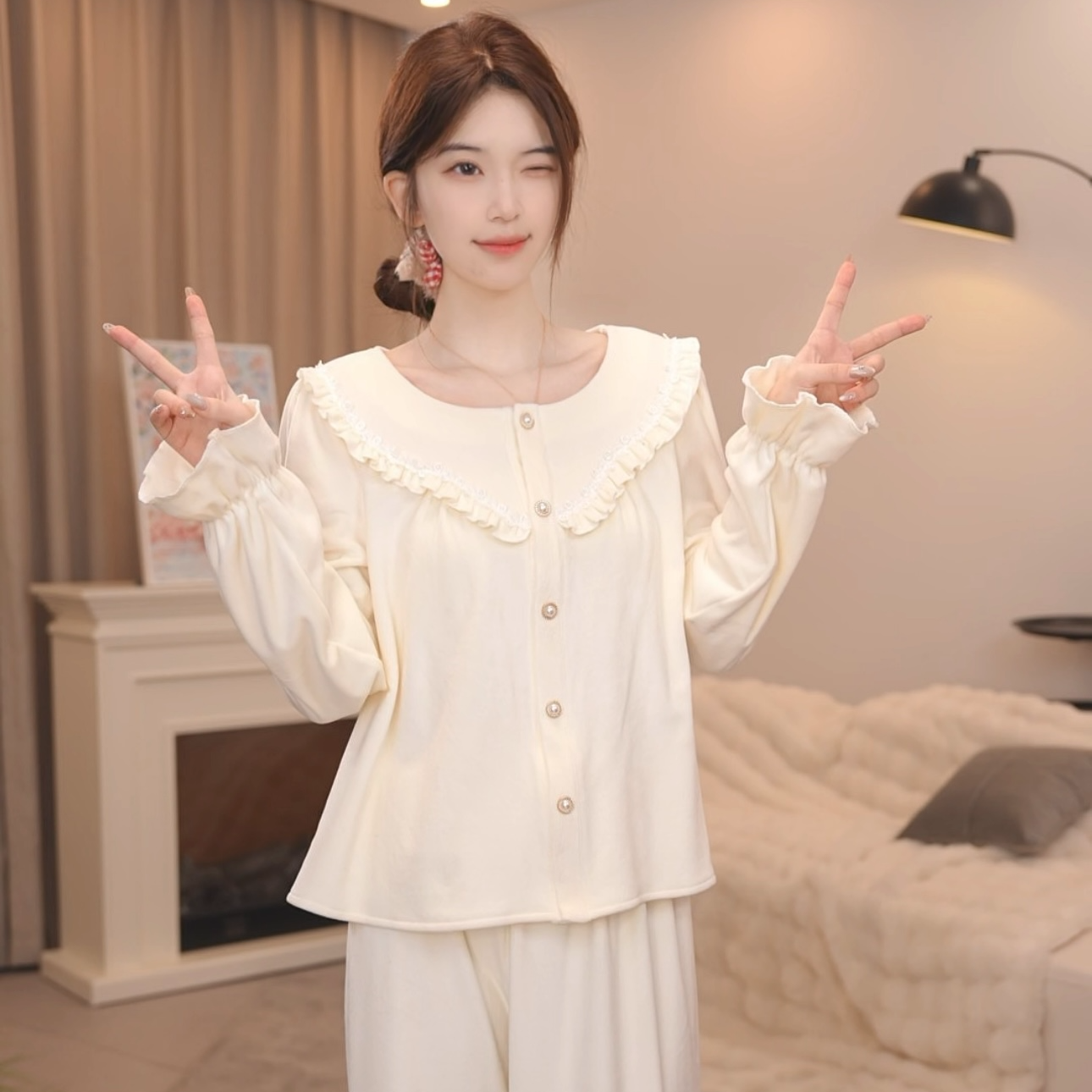 板栗小姐【悸动】春秋海岛绒女士睡衣软糯亲肤宽松套装家居服