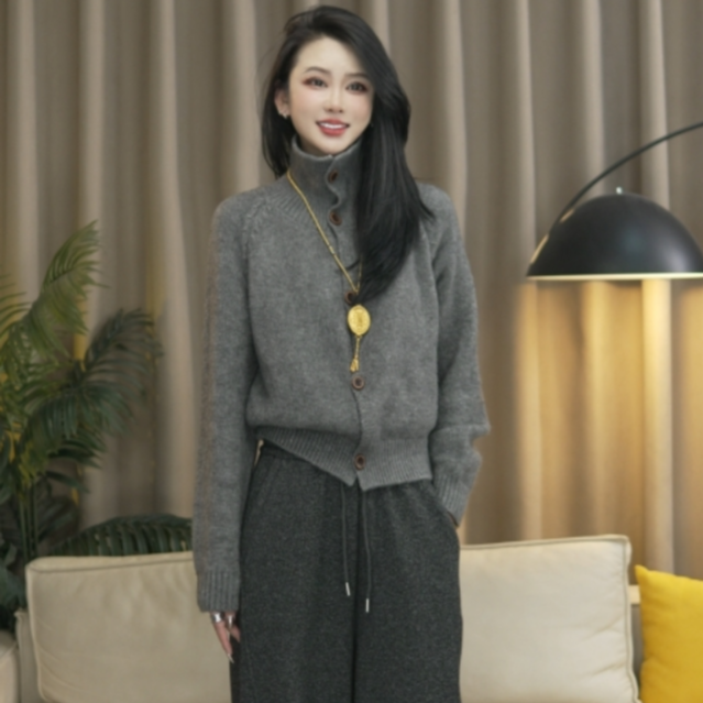 2025秋冬季新款韩系复古立领单排纽扣毛衣女款小个子短款针织开衫