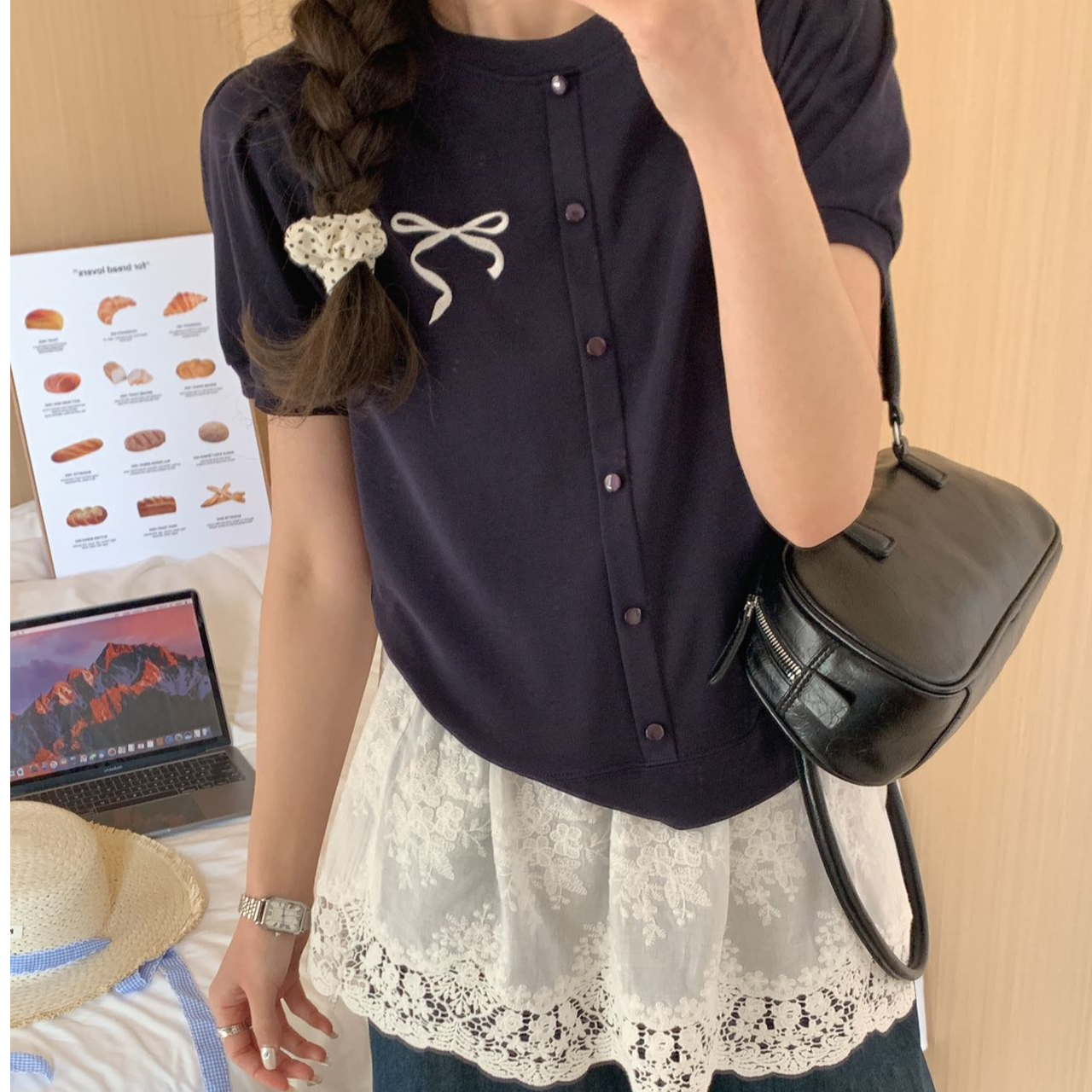 程程甄选 -「时尚定制」小香风蝴蝶结夏季小众显瘦休闲短袖8012