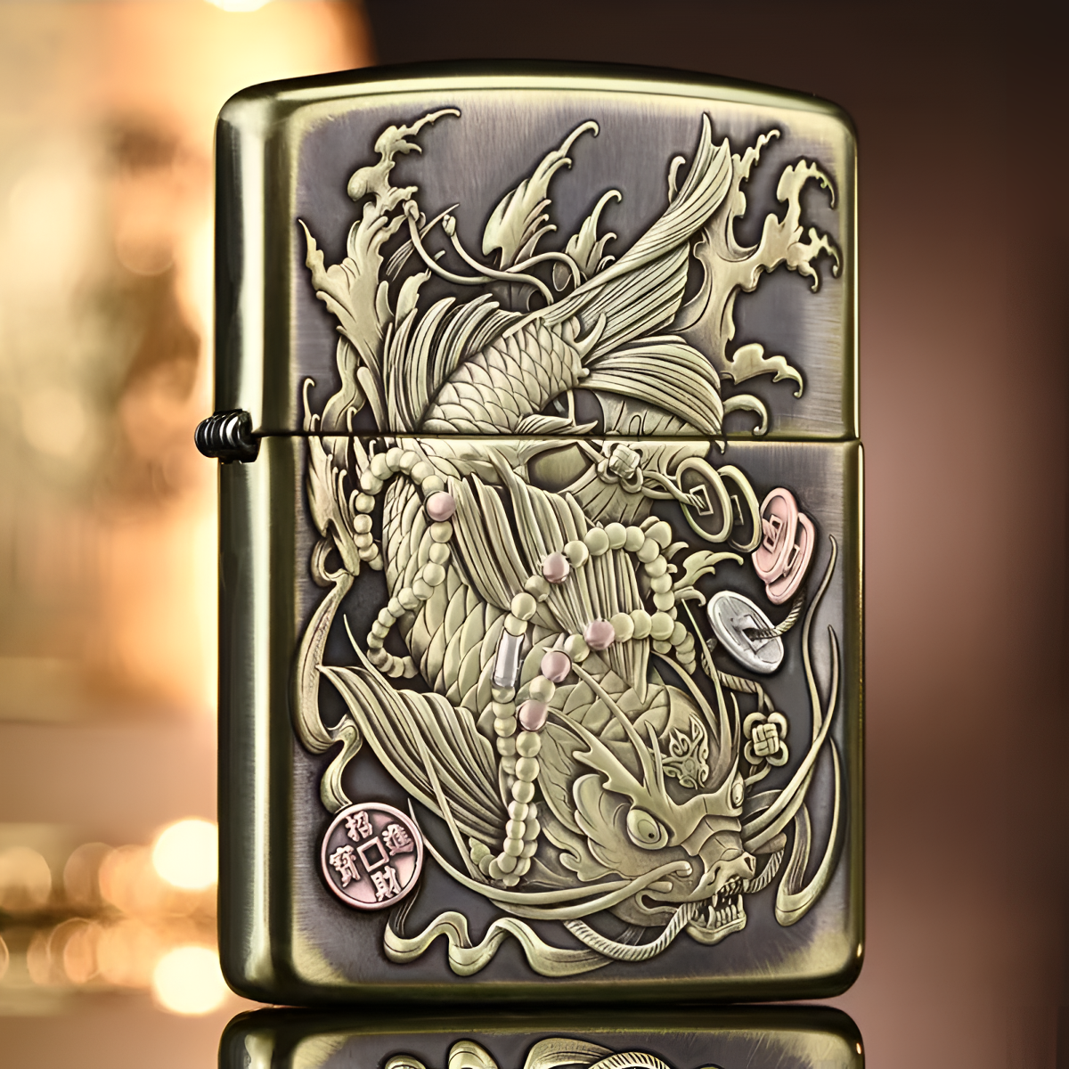 ZIPPO/之宝打火机蝎子鱼化龙黄铜盔甲镶嵌创意男礼物防风煤油DYJ1