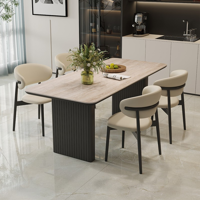 法式复古洞石岩板餐桌现代简约高级感家用高端2024新款长方形饭桌