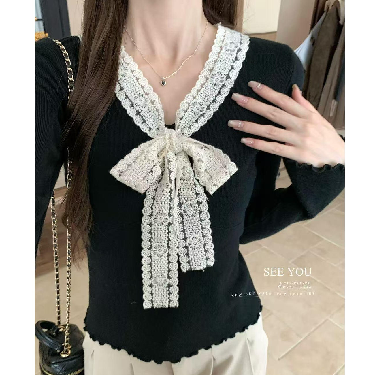 蕾丝修身法式蝴蝶结打底衫女毛衣内搭秋季灰色针织衫上衣A10171
