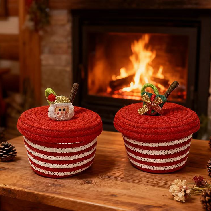 圣诞桌面收纳筐礼物盒棉线收纳筐撞色装零食化妆品圣诞收纳篮