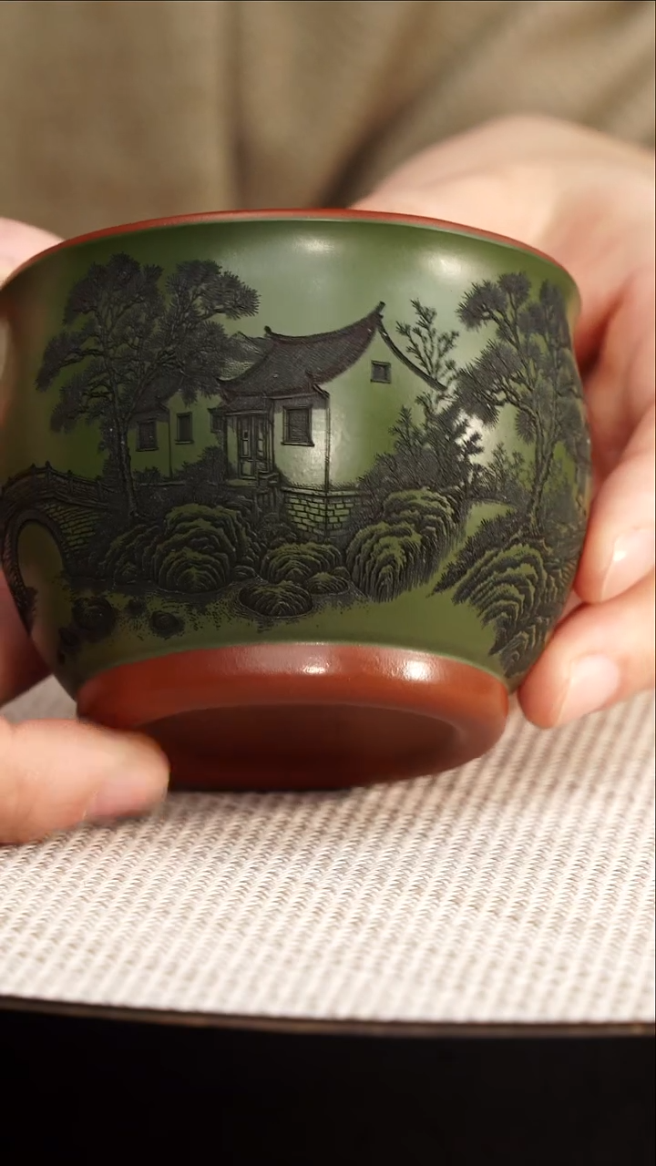 茶壶紫砂宜兴紫砂 山水底槽清 绿泥粉浆杯 高传琳 200cc 492