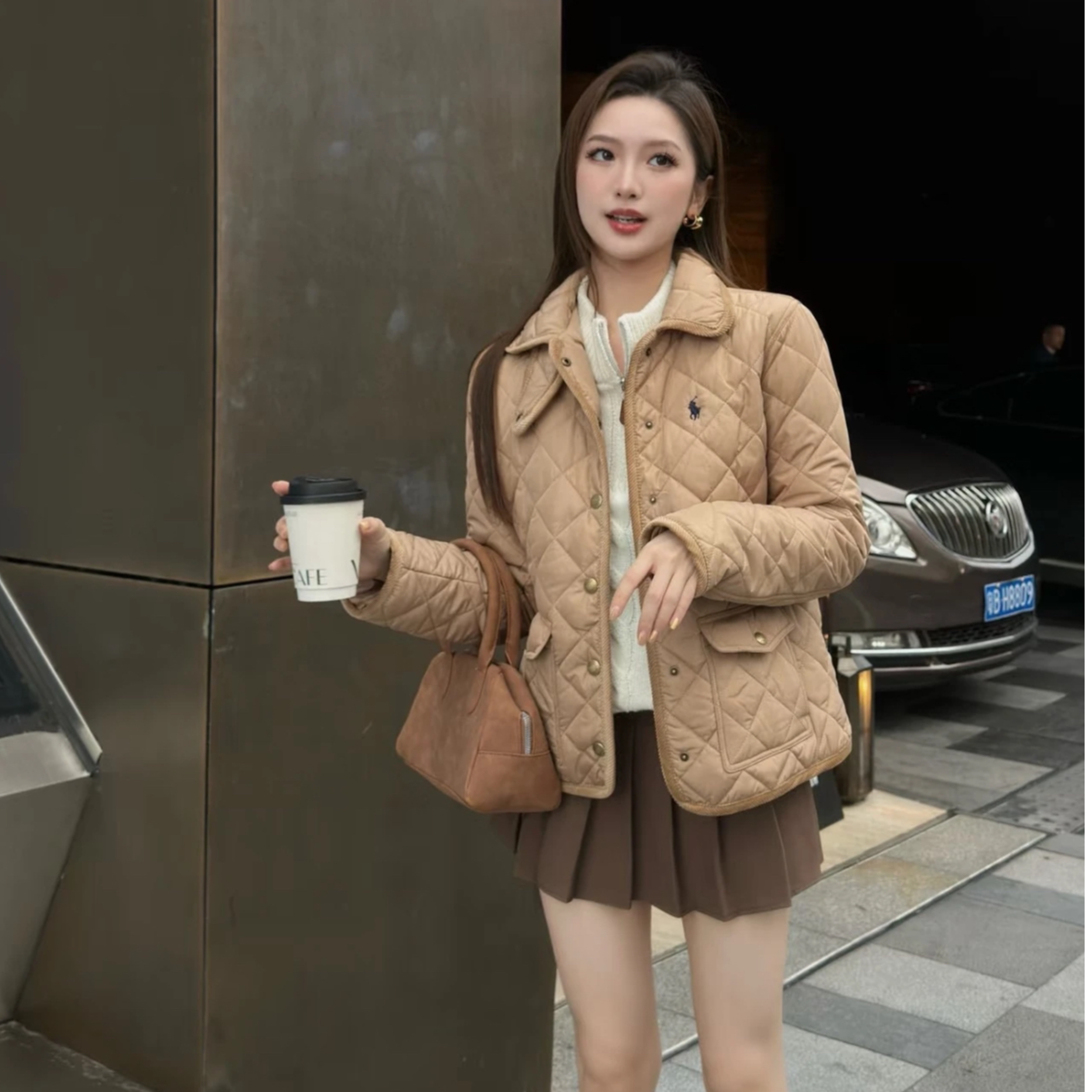 小马刺绣女极简菱形格小蛋糕棉服老钱风经典时尚外套