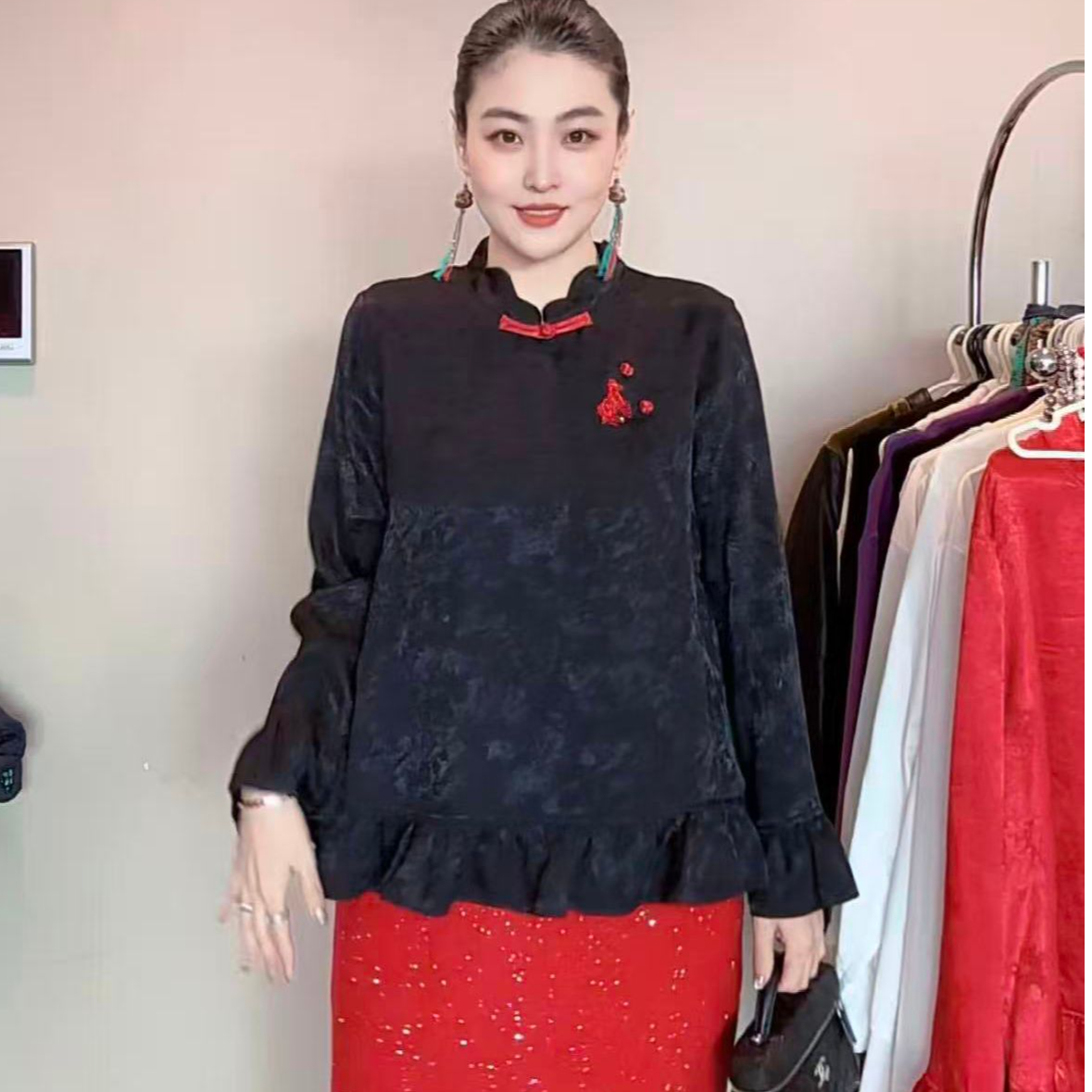 4997-瑾｛马踏春来｝新中式正肩显瘦花边设计时尚百搭早春新款衬衫