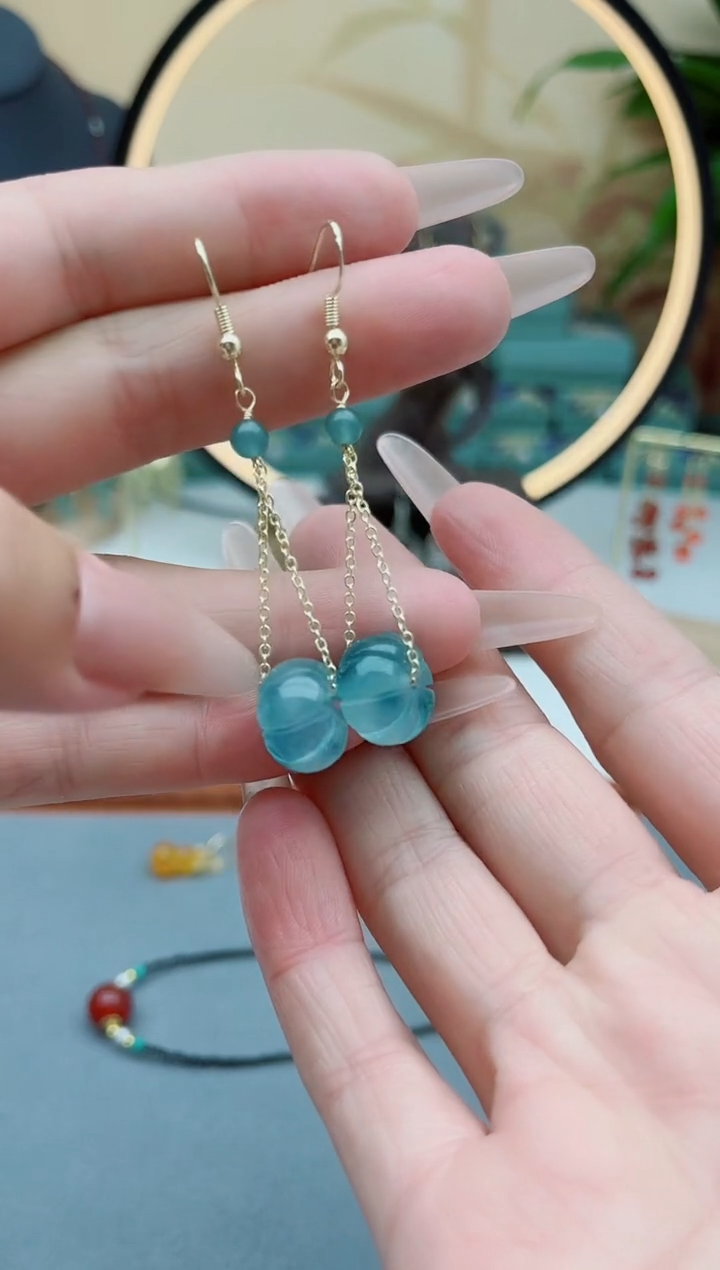 石英质玉（天山翠）银S925镶嵌耳饰8889南瓜蓝水飘花