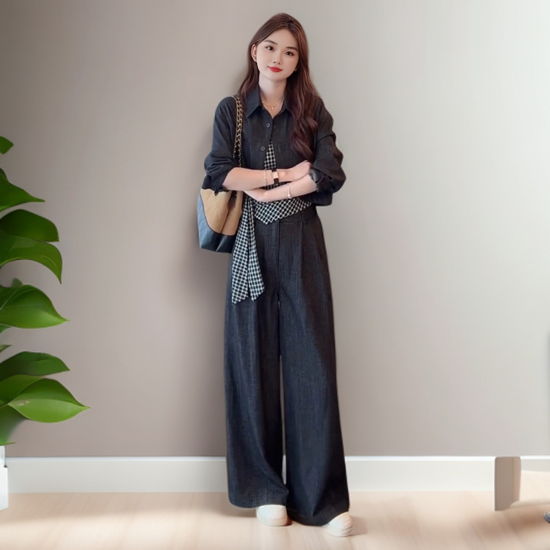 时尚套装牛仔嘻哈风休闲风复古港风长裤衬衫套装宽松秋季春秋显瘦