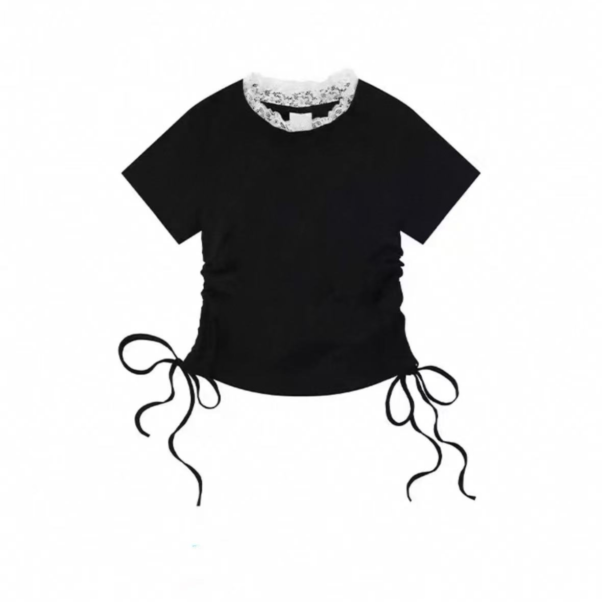 蕾丝拼接 圆领正肩短袖甜美辣妹收腰系带上衣