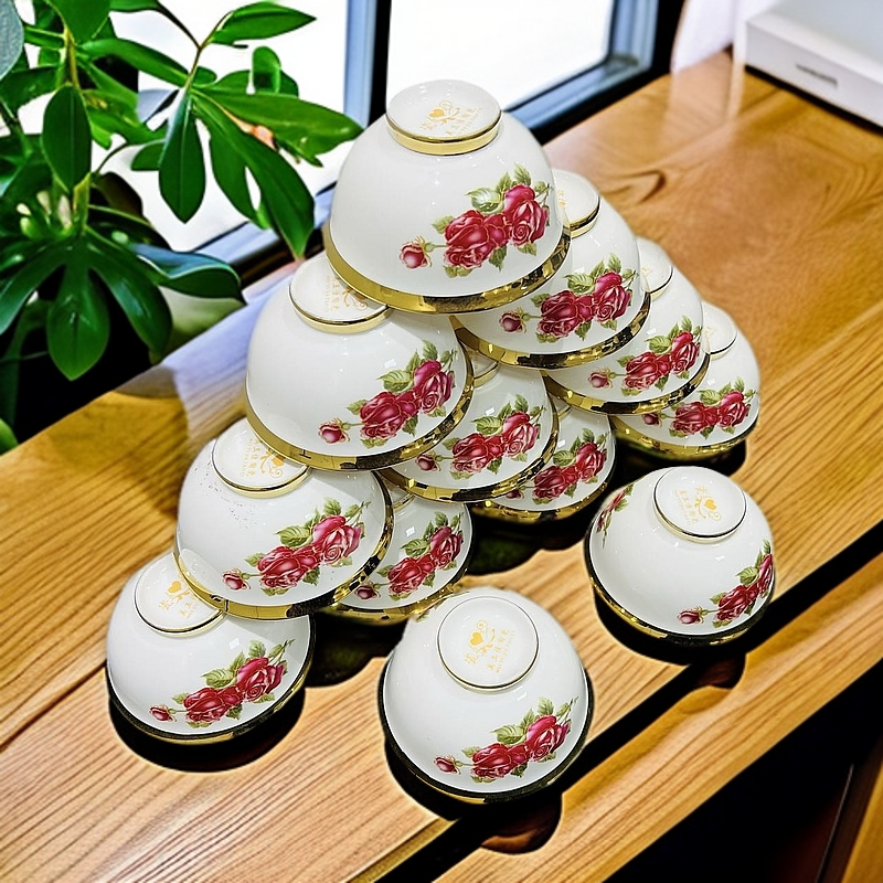 新疆包邮【红玫瑰陶瓷10个小碗】家用民族高档 陶瓷米饭小碗好看