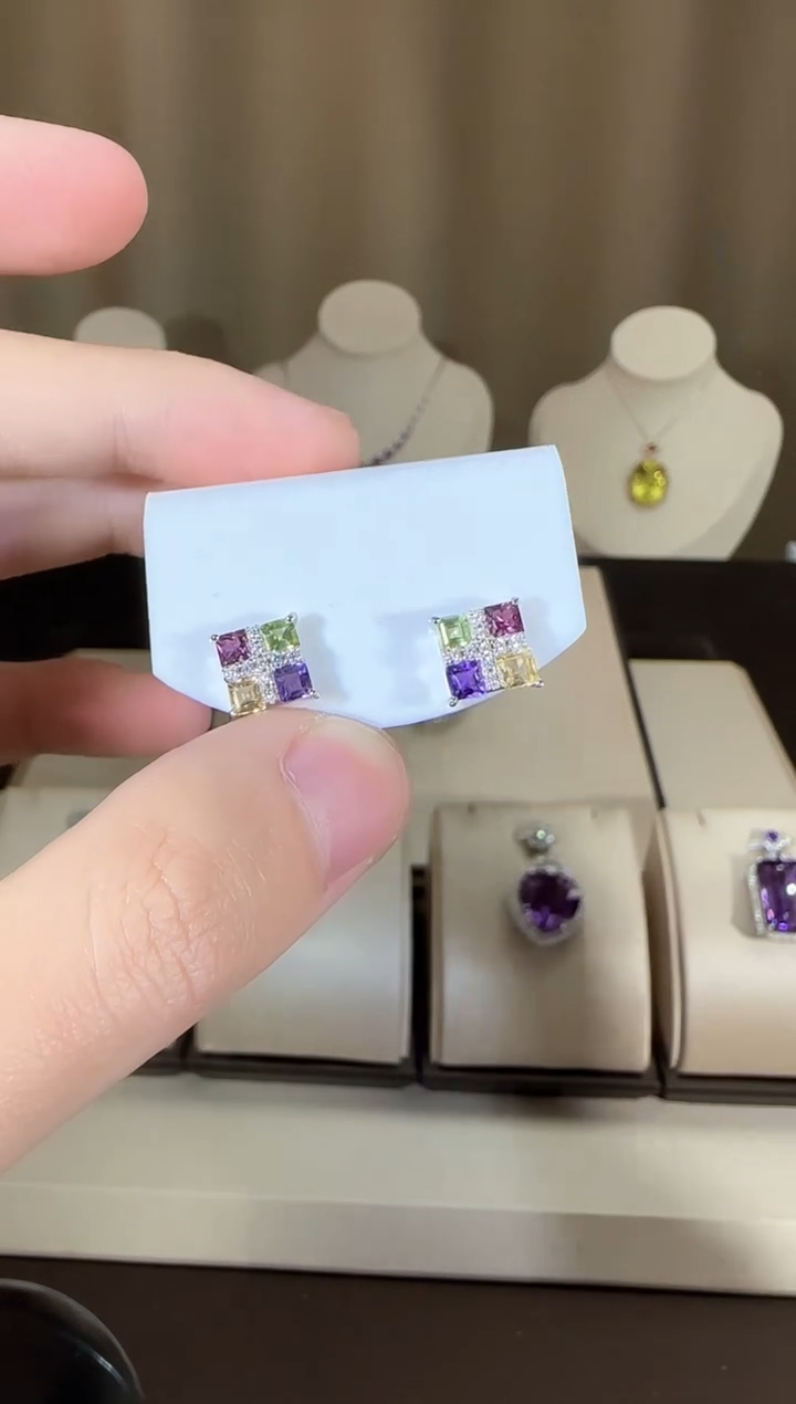 【闪购商品】紫晶耳饰银S925镶嵌多彩宝石8mm耳钉