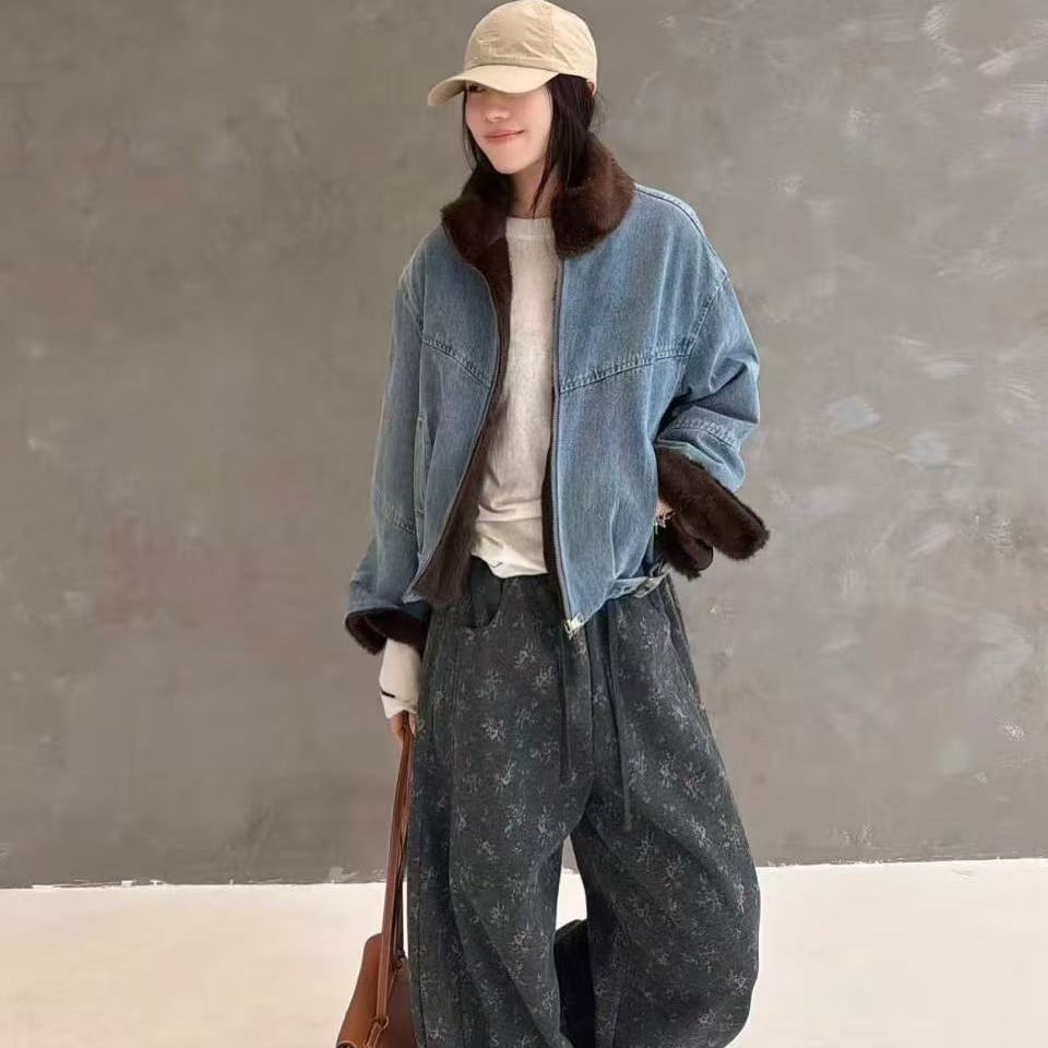 99038松弛小韩防水貂毛牛仔外套