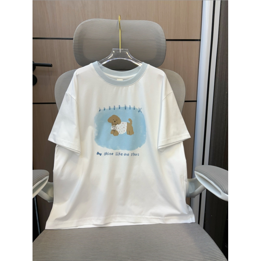 【断码清货】2025夏可爱碎花小狗拼色短袖T恤(100%棉) D522 522 M